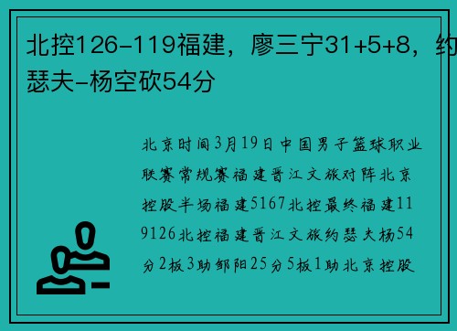 北控126-119福建，廖三宁31+5+8，约瑟夫-杨空砍54分