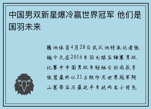 中国男双新星爆冷赢世界冠军 他们是国羽未来